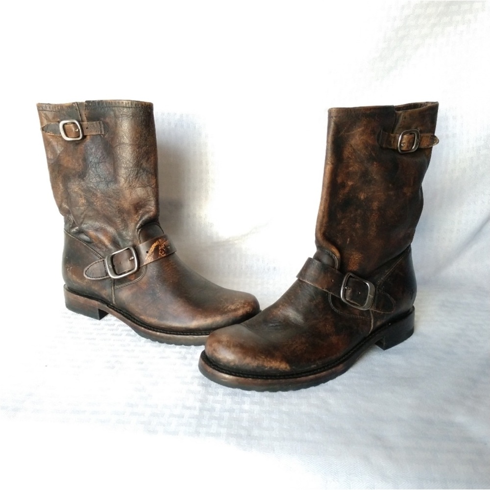Frye Boots Veronica Short Shortie Distressed Brown Size 8 1" inch Heel